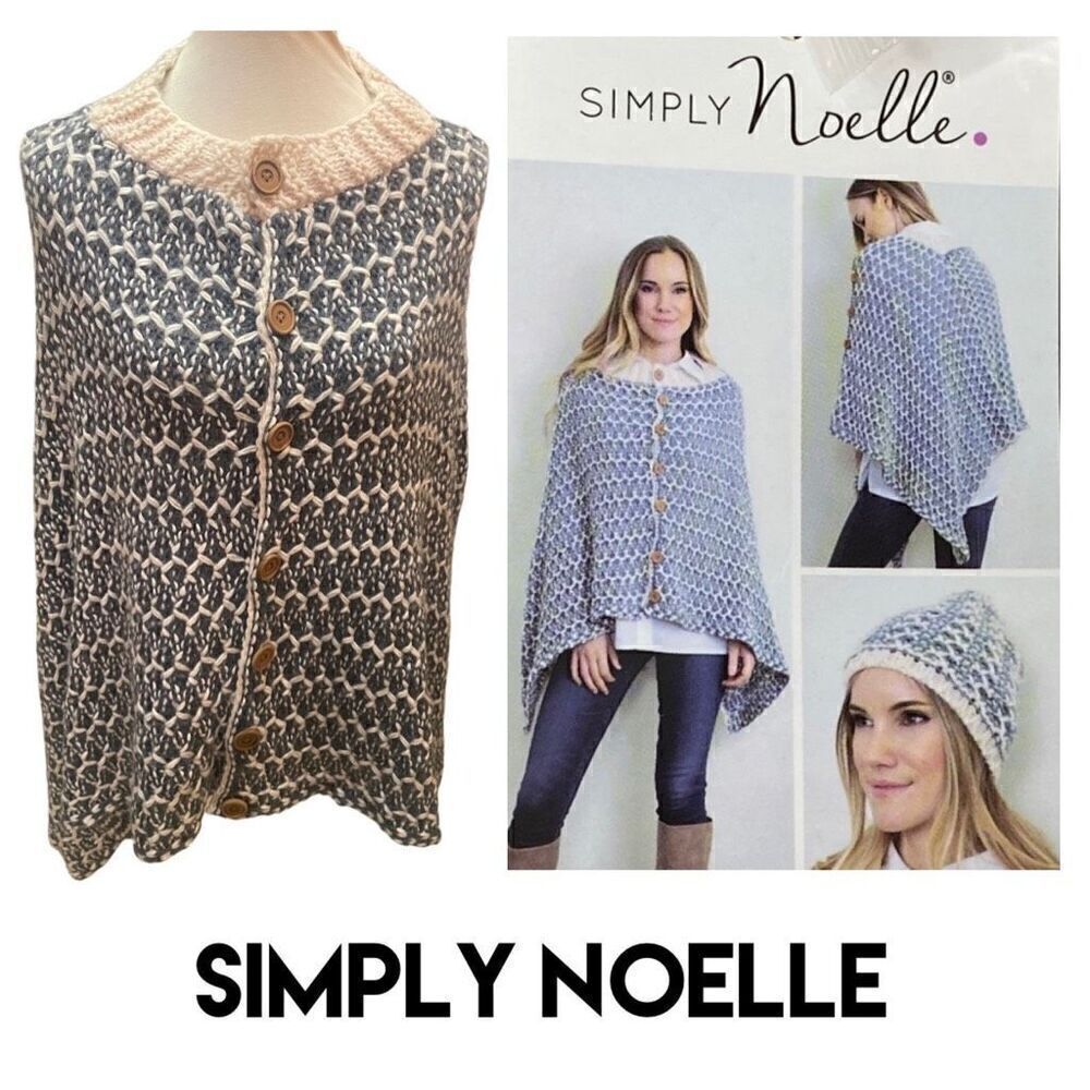 Simply Noelle Slate Blue & Cream Button Down Poncho/Shawl/Shrug-One Size